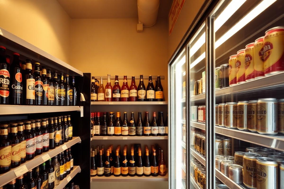 Cold beer bottles and cans on shelves and in fridges at Montana Liquor