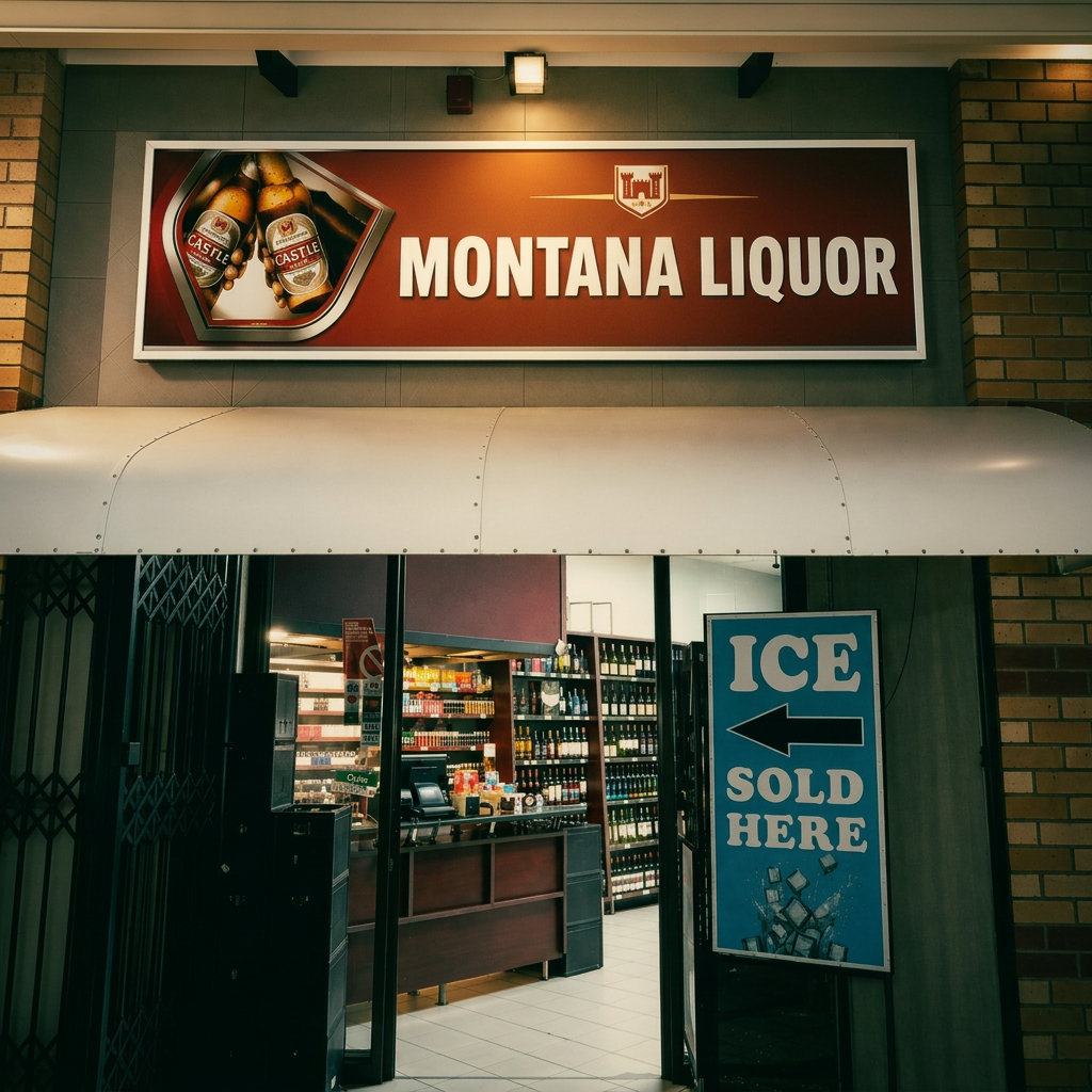 Montana Liquor storefront during the day with Montana Liquor signage