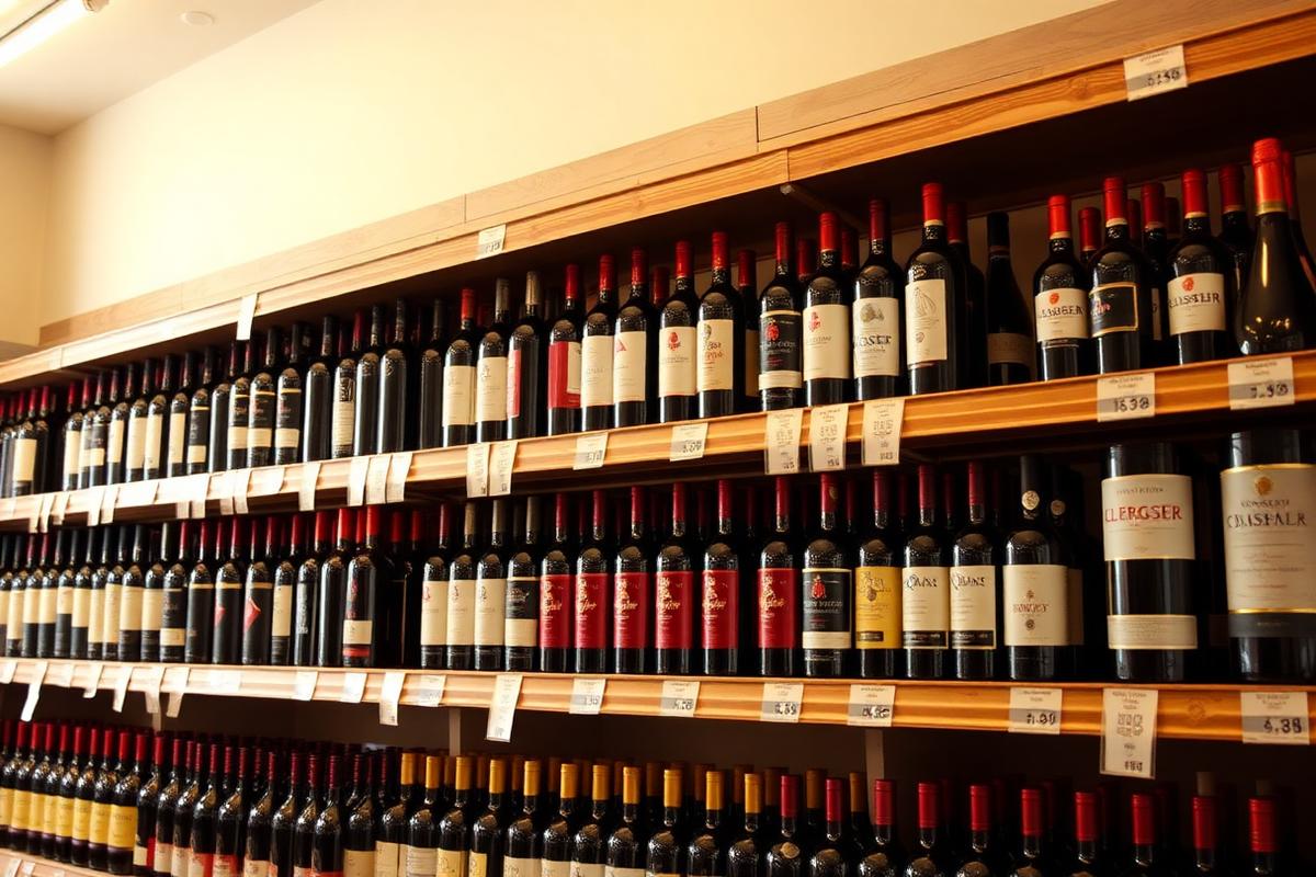 Red and white wine bottles arranged on wooden shelves at Montana Liquor